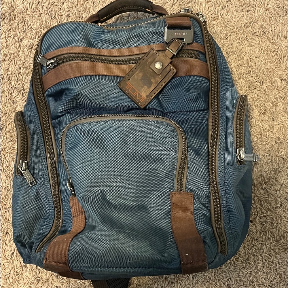 Tumi Blue and Brown Ballistic Nylon Backpack with Leather Accents